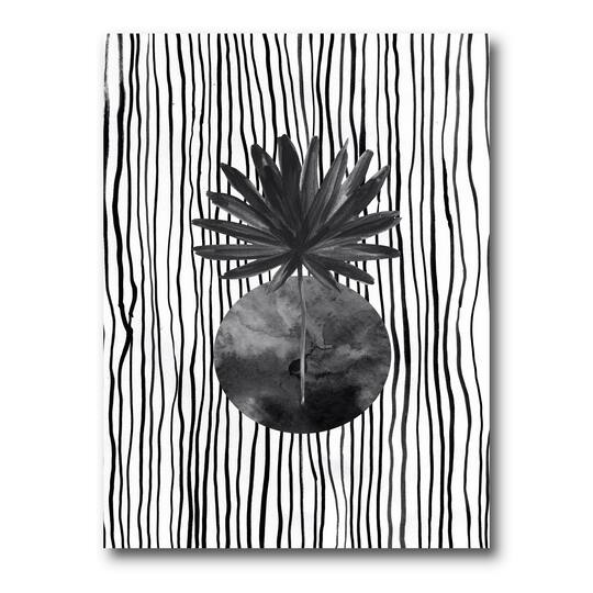 Designart - Black and White Tropical Leaf On Striped I